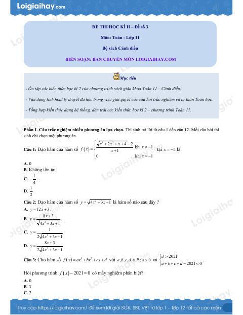 Đề thi học kì 2 Toán 11 Cánh diều - Đề số 3